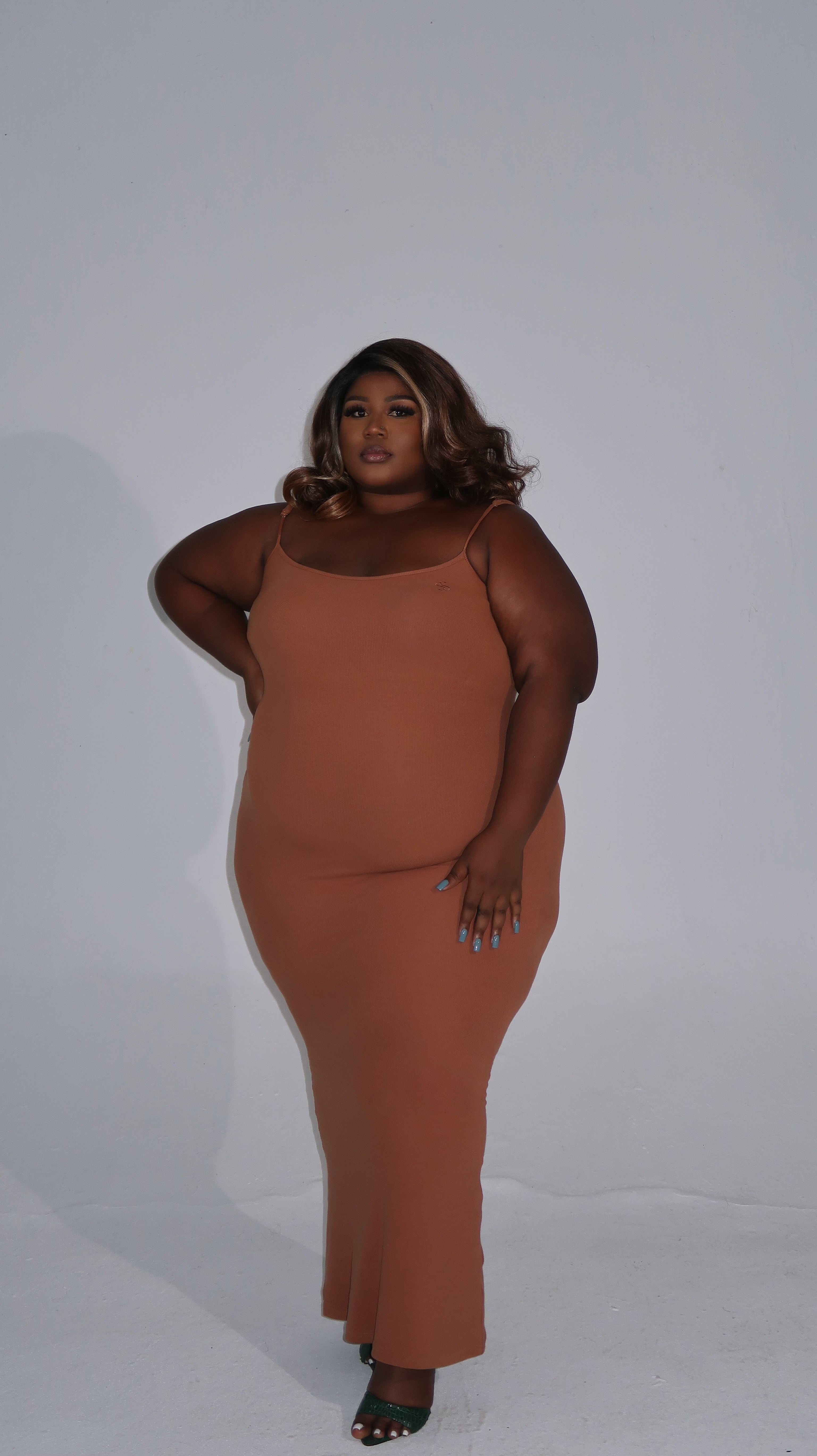 brown neutral dress Brown Warm Cotton Waffle Fit and Flare Balloon Sleeves Maxi Dress 60" / Custom Height (Free)